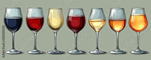 Flat vector icons set of wine glass varieties in linear style.
