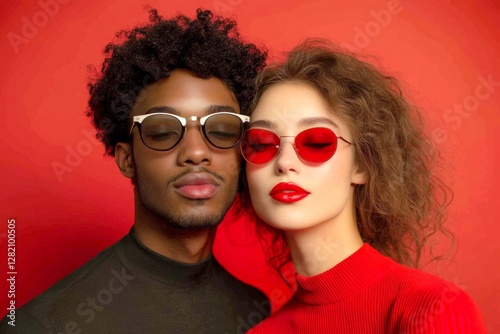 Sign of love and affection. Valentine's day, lovebirds couple: remarkable striking image of loving interracial young couple. Commercial digital ads graphic design. Sweethearts. Love birds. photo