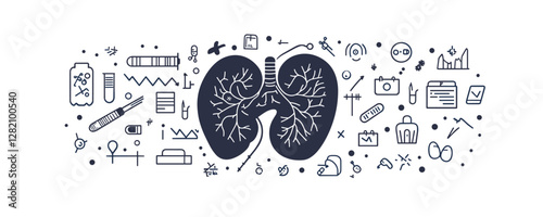 Flat medical icons set featuring lungs and healthcare tools in linear style.