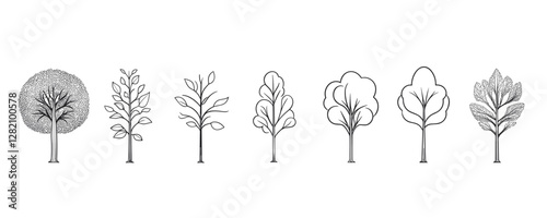 Linear tree icons set in flat design - minimalist vector illustration.