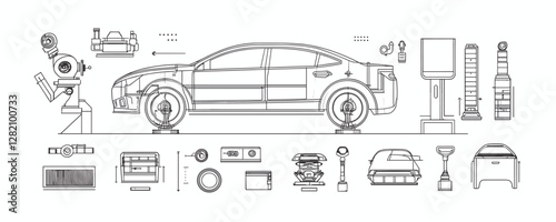 Linear flat car maintenance icons set – automotive tools and equipment.