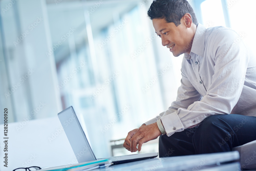 Business, thinking and man with laptop, smile and online reading for email, budget report and proposal. Person, employee and investor in modern office, computer and solution with planning and choice Business, thinking and man with laptop, smile and online reading for email, budget report and proposal. Person, employee and investor in modern office, computer and solution with planning and choice