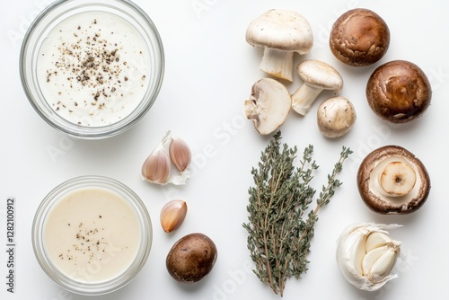 Fresh ingredients and creamy sauces ready for a delicious culinary creation featuring mushrooms and herbs in a pristine kitchen setting photo