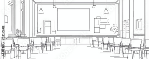 Flat line art classroom icons set - vector illustration of chairs, projector, and interior elements.