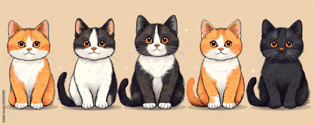 Cute cats vector icons set: flat style, adorable cartoon kittens.