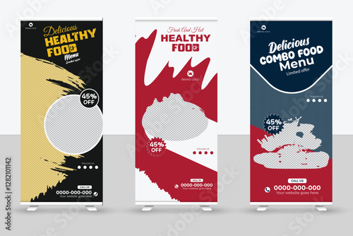 Delicious healthy food menu restaurant roll up banner template