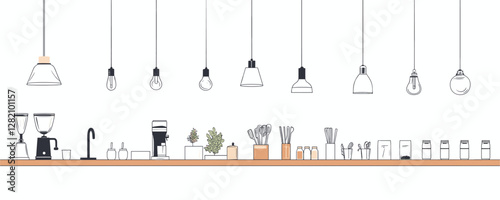 Flat linear kitchen appliances and hanging lights icons set vector.