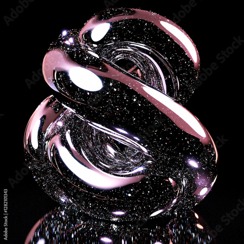 Pink Metallic Swirl with Glossy Highlights on Black Background