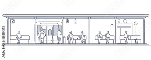 Flat linear icons set of subway station with passengers waiting on platform.