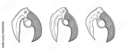 Flat linear karambit knife icons set with three different designs.