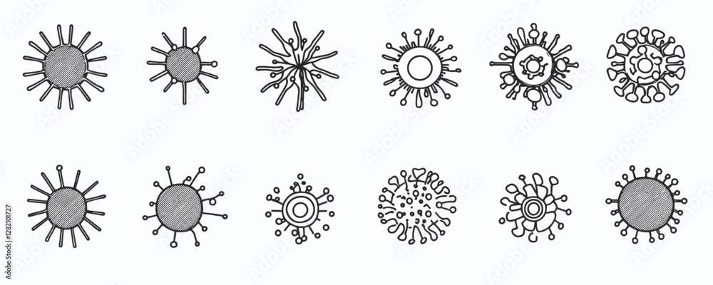 Flat linear virus icons set in vector style: detailed microorganism illustrations. Flat linear virus icons set in vector style: detailed microorganism illustrations.