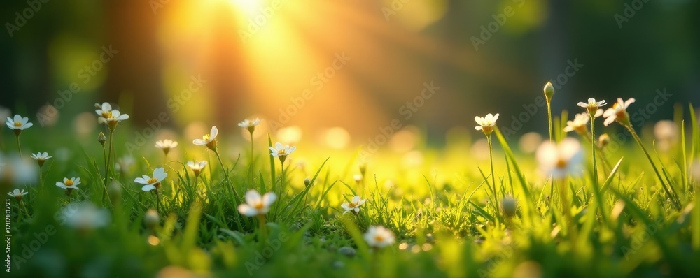 Obraz premium Radiant sunbeams dancing across dewy grass and flowers in a peaceful environment, scenery, natural
