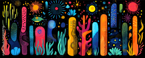 Colorful underwater world vector, flat icons set with marine plants, fish, and abstract sea elements.