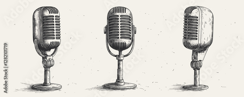 Vintage microphones vector icons set in linear style.
