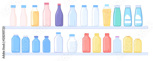 Flat beverage bottle icons set: assorted cartoon beverage containers on shelves.