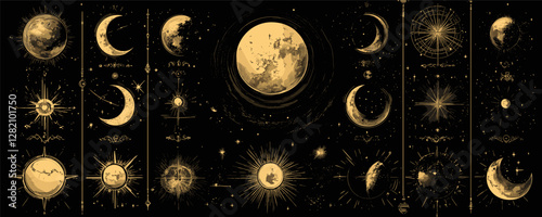 Celestial icons set in linear flat style depicting phases of the moon with stars and sun.