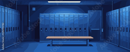 Flat linear vector icons set of locker room interior with lockers and bench.