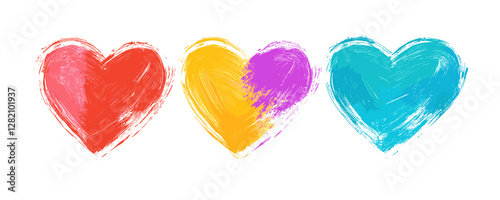 Colorful painted hearts vector, flat style icons set.