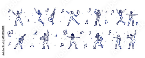 Flat linear icons set of dancing people and musical instruments.