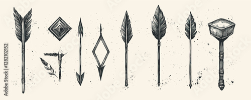 Flat vector icons set of arrowhead designs with feathers and geometric shapes.