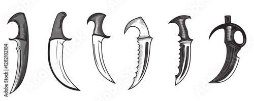 Flat linear knives icons set: curved blades and handles vector art.