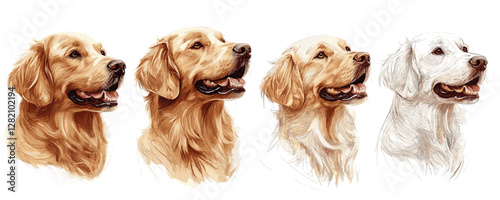Golden retrievers icons set in flat vector style depicting four dogs with detailed expressions.