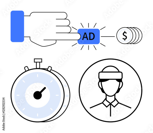 Hand clicking digital ad, stopwatch for time management, VR headset on user, and money. Ideal for digital marketing, PPC campaigns, time efficiency, virtual reality, advertising trends user