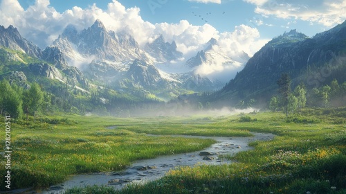 Wallpaper Mural Serene Mountain Landscape with River and Distinctive Greenery Torontodigital.ca