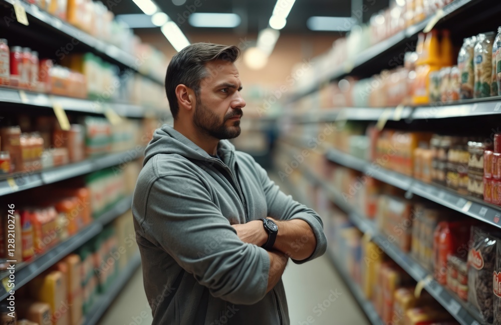 Pensive man deciding what to buy in supermarket. Bearded buyer thinking about purchases in a big store. Choosing products in aisle. Making decision what food to select. Pensive man deciding what to buy in supermarket. Bearded buyer thinking about purchases in a big store. Choosing products in aisle. Making decision what food to select.