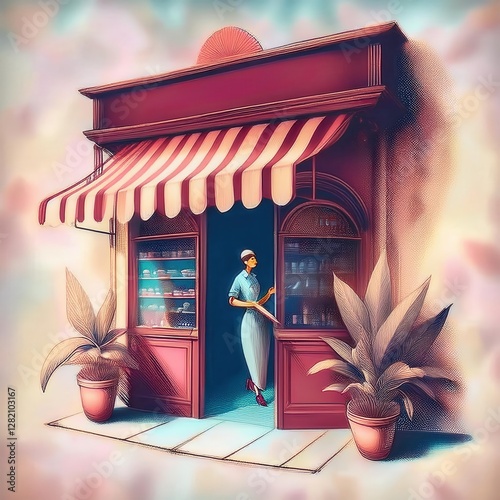 Charming small Italian storefront called Focacceria Mer with vibrant colors and welcoming atmosphere photo