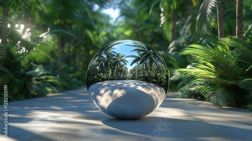 Reflective silver orb shines brightly in a modern jungle city surrounded by lush greenery and vibrant palm trees photo