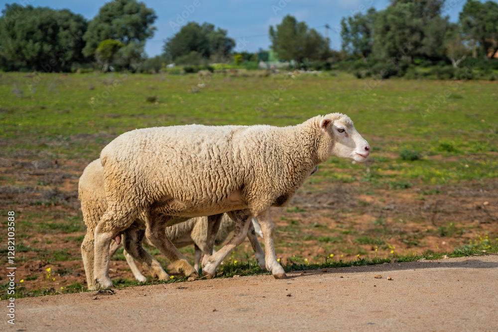 Fototapeta premium Flock of sheep in a meadow on green grass