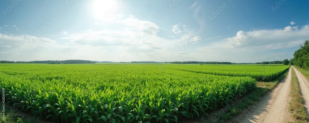 Fototapeta premium Panoramic view of green field separated by rural road. Sunny summer day with clear blue sky and white clouds. Agricultural land with bean crops, plantation in countryside. Harvest time.