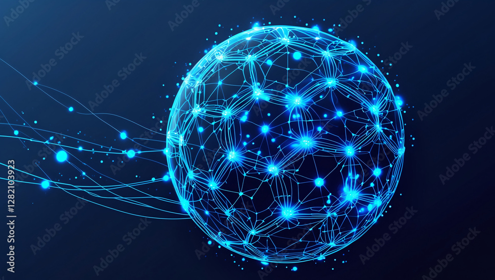 Fototapeta premium Soccer ball in goal from lines and triangles, point connecting network on blue background. Illustration vector 