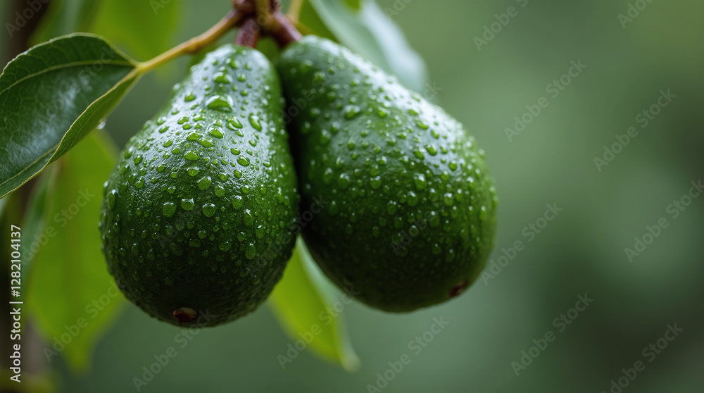 Two Ripe Avocados Growing Hanging on Tree with Rain Drops Droplets, Organic Healthy Fats Nutrition and Diet, Farm to Table Two Ripe Avocados Growing Hanging on Tree with Rain Drops Droplets, Organic Healthy Fats Nutrition and Diet, Farm to Table