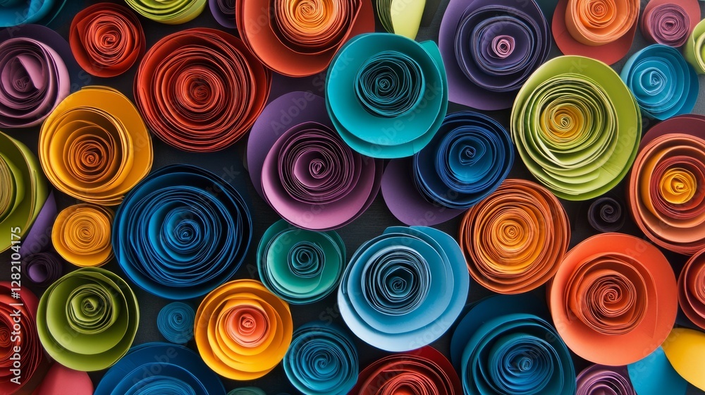 colorful paper spirals with vibrant hues, dynamic and artistic composition, textured and cheerful design, bold and modern tones colorful paper spirals with vibrant hues, dynamic and artistic composition, textured and cheerful design, bold and modern tones
