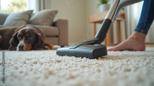 Cleaning Vacuuming Carpet with Vacuum Cleaner with Dog Puppy Next to it, Pet Fur at Home and Allergy