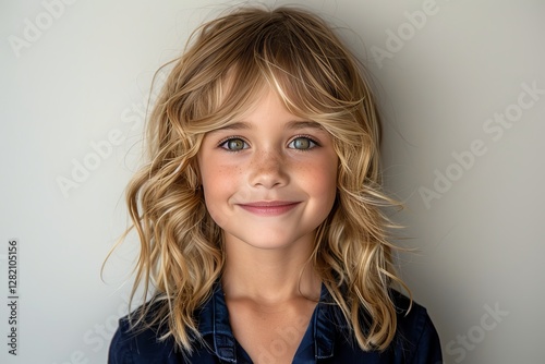 Charming eight year old girl model in purple outfit posing cheerfully against a white wall