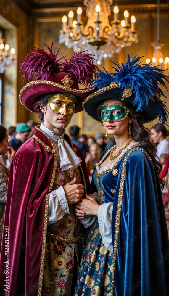 Fototapeta premium Elegant couple in masquerade masks at grand ball, timeless romance