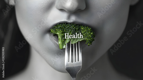 A womana??s close-up face holding a fork with a piece of broccoli near her mouth, engraved with 