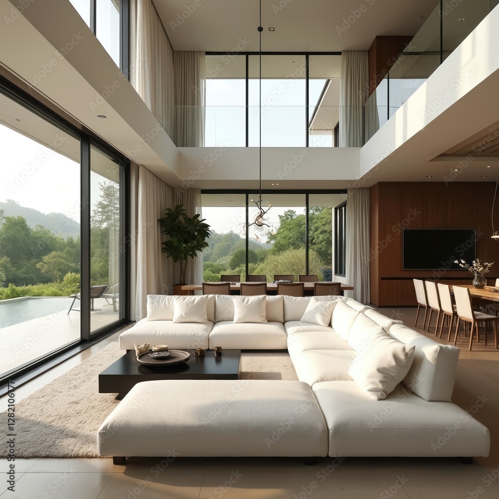 Bright combined dining living area with soft white sofa. Real estate investment opportunity featuring huge windows, nature view. Modern residential home for property rental, buy, mortgage concept.