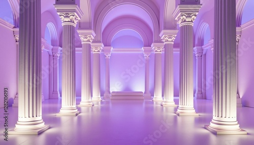 Mystical Soft Lilac Renaissance temple interior with glowing columns, serenity