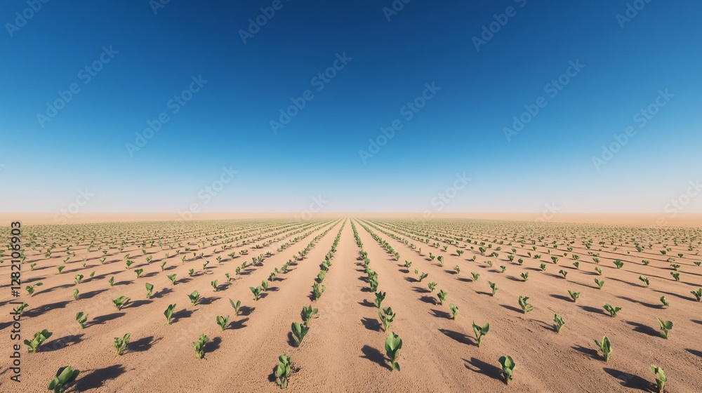 Naklejka premium Desert farming seedlings planted in arid landscape