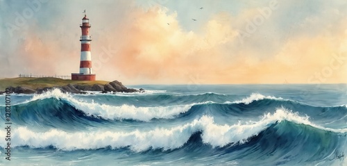 Watercolor painting of seascape with lighthouse on island, rolling waves. Seascape vintage art with nautical coastal theme, peaceful serene tranquil scene. Blue horizon, light sky, maritime scene, photo