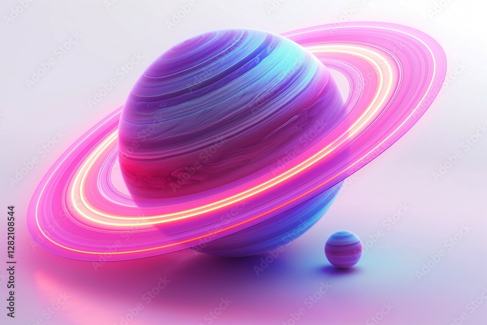 Obraz premium A vibrant, glowing planet with colorful rings, showcasing shades of purple and blue, radiating an otherworldly atmosphere.