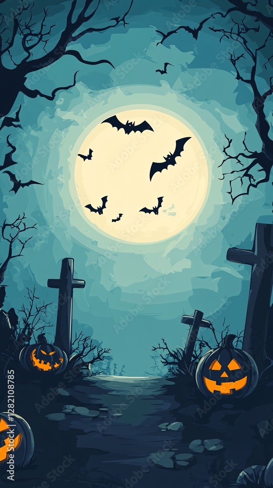 Fototapeta premium Halloween background showing scary pumpkins and bats flying in moonlight