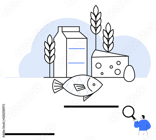 Dairy carton, cheese, egg, fish, and wheat visualizing nutrition analysis. Person using magnifying glass implies research, quality control, or food safety. Ideal for health food science