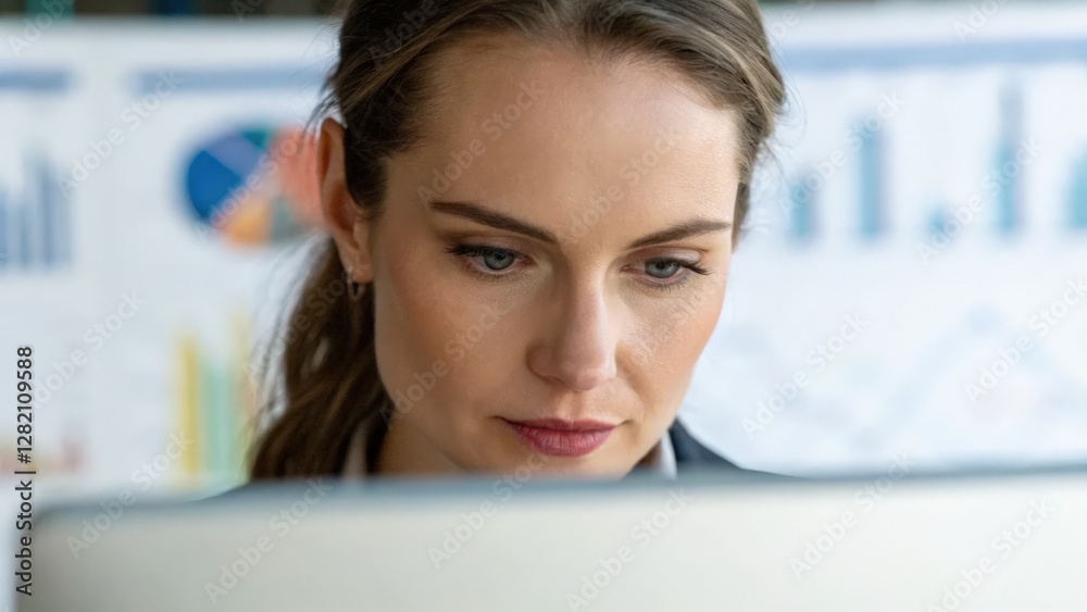 Business & Corporate concept, Focused woman analyzing data on computer screen in office environment Business & Corporate concept, Focused woman analyzing data on computer screen in office environment