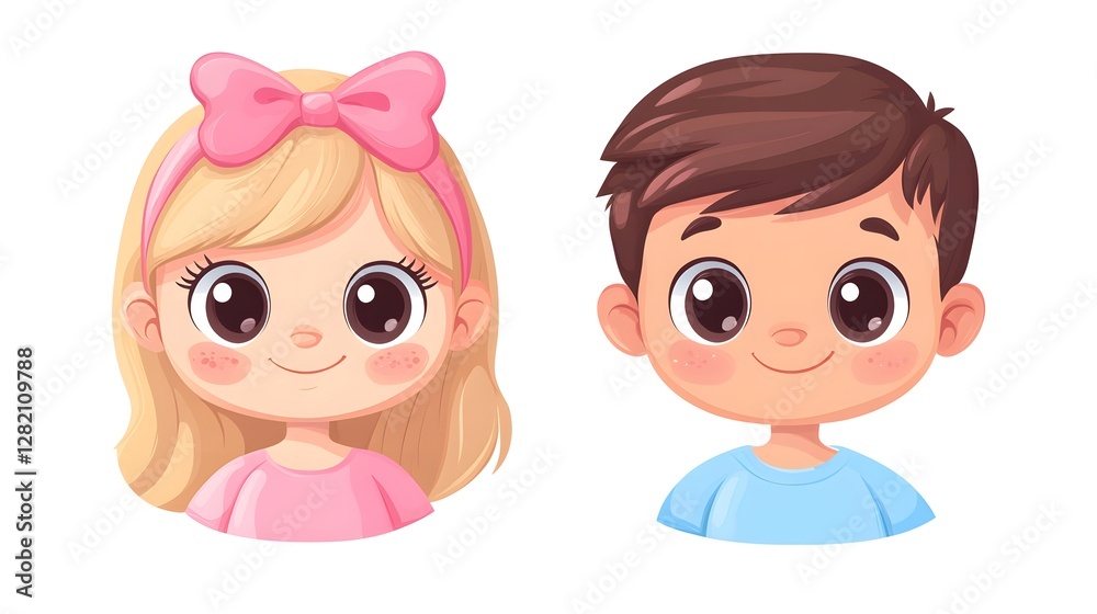 Cute characters representing a happy boy and girl with friendly smiles and big eyes, ideal for children's themes or illustrations Cute characters representing a happy boy and girl with friendly smiles and big eyes, ideal for children's themes or illustrations