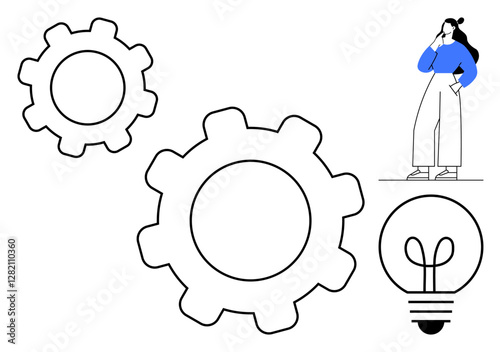 Large gears, light bulb, person pondering. Ideal for innovation, problem-solving, teamwork, brainstorming, creativity efficiency technology. Abstract line flat metaphor